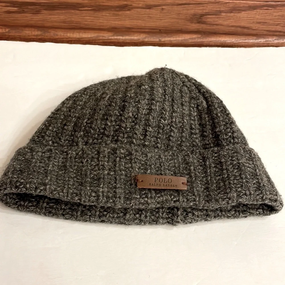Boys POLO RALPH LAUREN Marino wool beanie hat LOGO leather patch charcoal gray